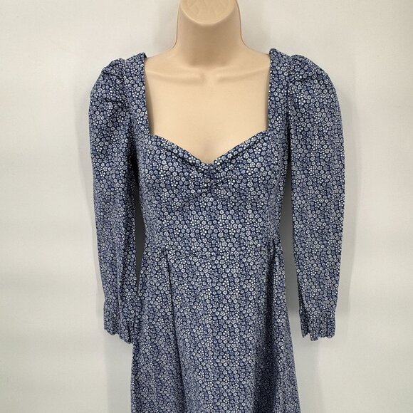 Wilfred Dress‎ Womens 0 Blue White Floral Cotton Smocked Waist Zip Back Ruffle - Picture 2 of 10
